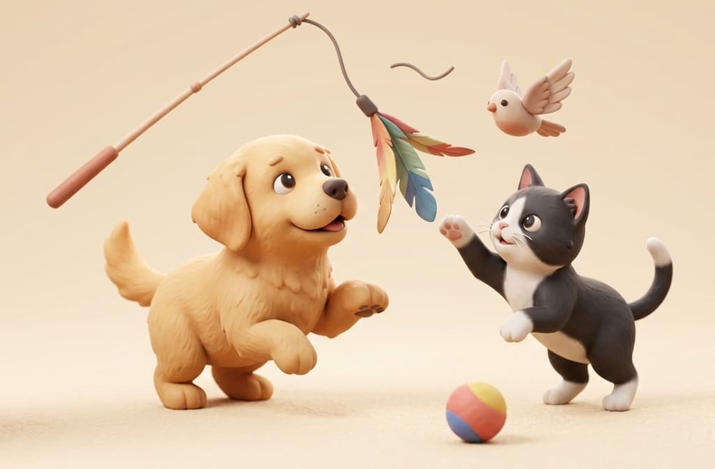 Puppy and kitten playing with enrichment toy
